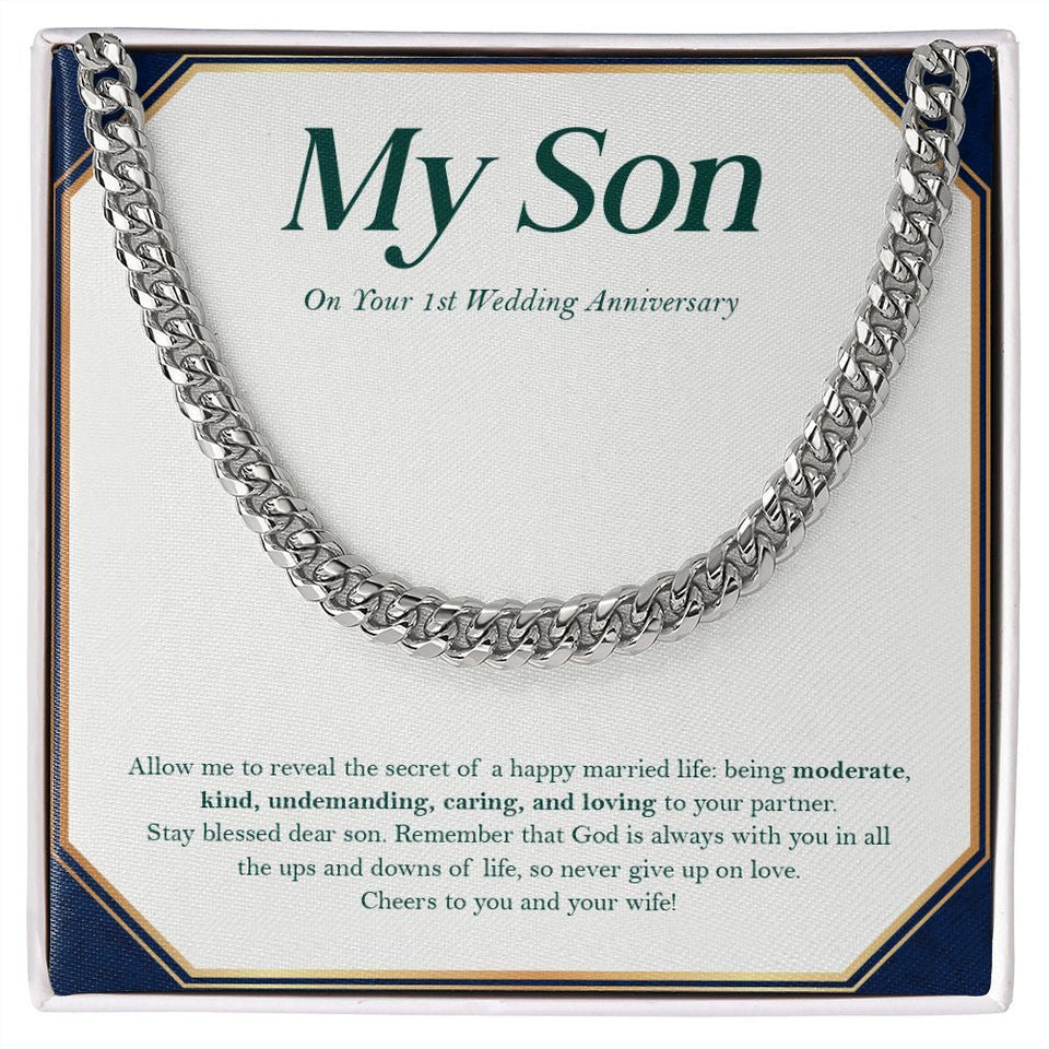 "Loveliest Married Life" Son 1st Wedding Anniversary Necklace Gift ''Loveliest Married Life" From Mom Dad Parents Cuban Link Chain Jewelry Box