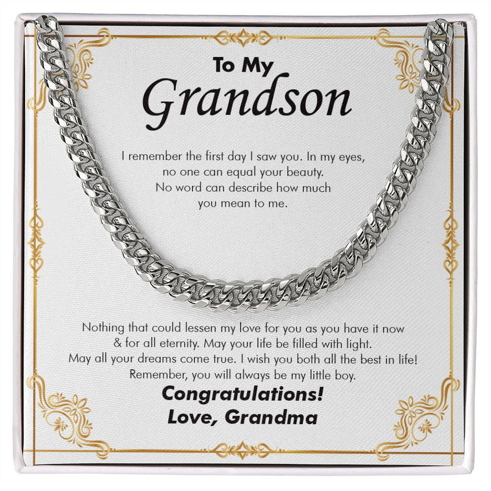 "No One Can Equal" Grandson Wedding Day Necklace Gift From Grandma Grandparents Cuban Link Chain Jewelry Box