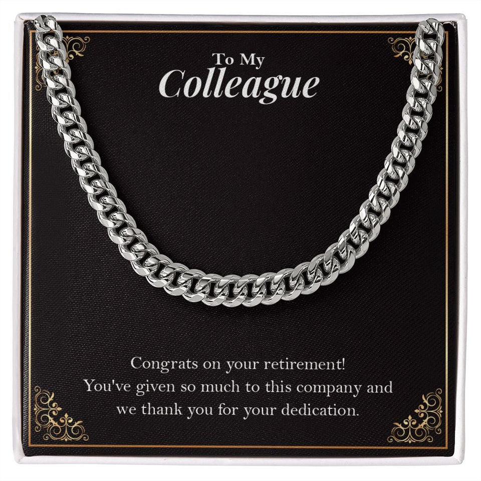 "Thank You For Your Dedication" Colleague Retirement Necklace Gift From Co-worker Cuban Link Chain Jewelry Box