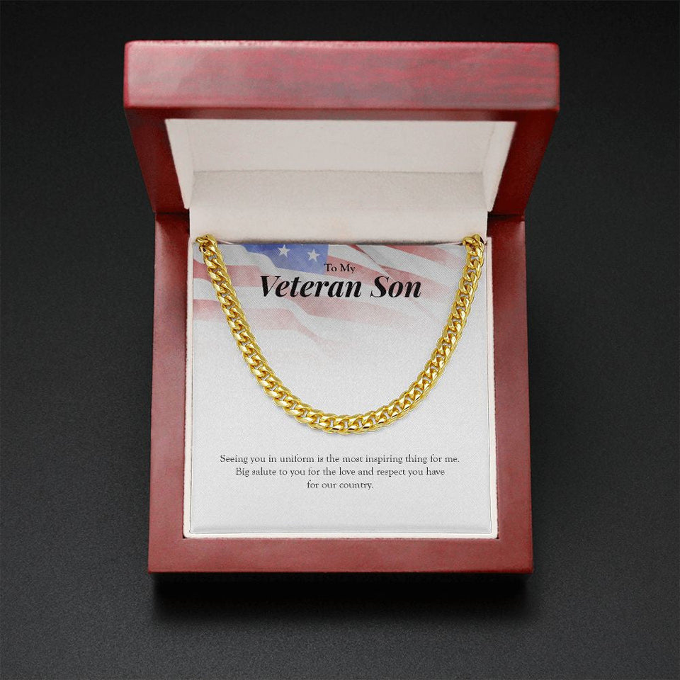 "Big Salute To You" Veteran Son Necklace Gift From Dad Mom Cuban Link Chain Jewelry Box Deployment Veterans Day Thanksgiving