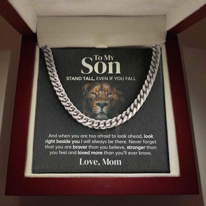 To My Son Necklace Gift Lion Necklace Gift Stand Tall, Even If You Fall Cuban Link Chain Necklace LX015C