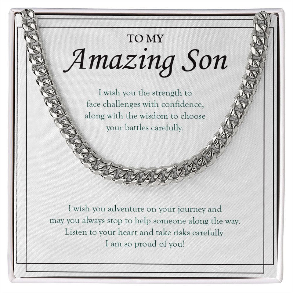 "Face Challenges With Confidence" Amazing Son Necklace Gift From Mom Dad Cuban Link Chain Jewelry Box Birthday Graduation Christmas New Year