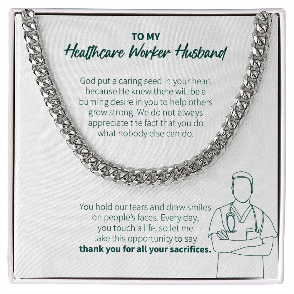 "Caring Seed In Your Heart" Healthcare Worker Husband Necklace Gift From Wife Cuban Link Chain Jewelry Box Thanksgiving Birthday Christmas
