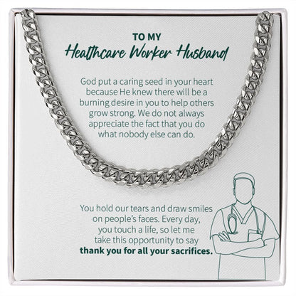 "Caring Seed In Your Heart" Healthcare Worker Husband Necklace Gift From Wife Cuban Link Chain Jewelry Box Thanksgiving Birthday Christmas