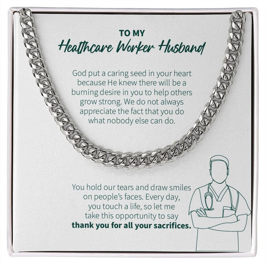 "Caring Seed In Your Heart" Healthcare Worker Husband Necklace Gift From Wife Cuban Link Chain Jewelry Box Thanksgiving Birthday Christmas