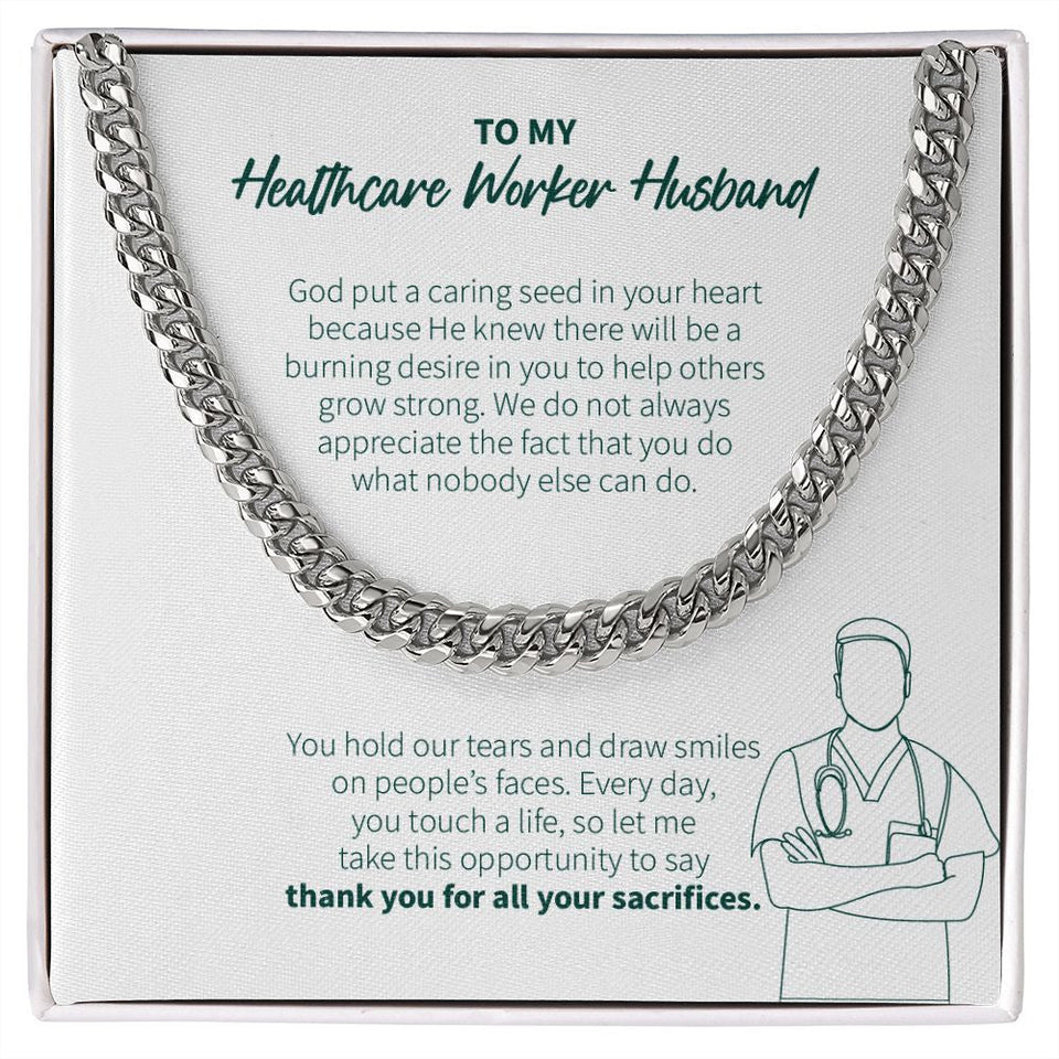 "Caring Seed In Your Heart" Healthcare Worker Husband Necklace Gift From Wife Cuban Link Chain Jewelry Box Thanksgiving Birthday Christmas