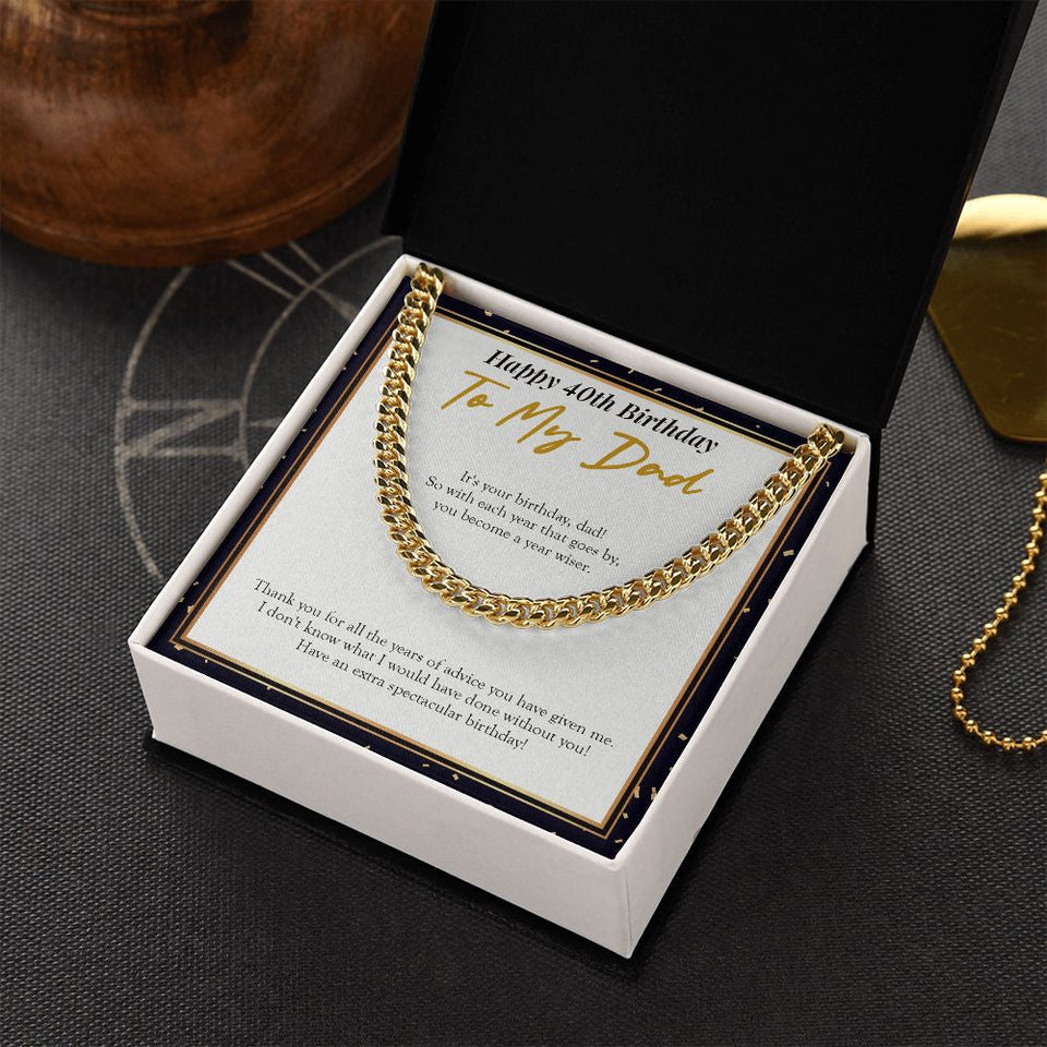 "A Year Wiser" Dad 40th Birthday Necklace Gift From Daughter Son Cuban Link Chain Jewelry Box