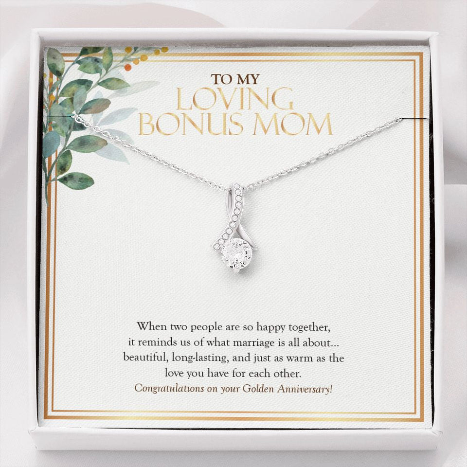 "Two People Happy Together" Loving Bonus Mom Golden 50th Wedding Anniversary Necklace Gift From Daughter Son Alluring Beauty Pendant Jewelry Box