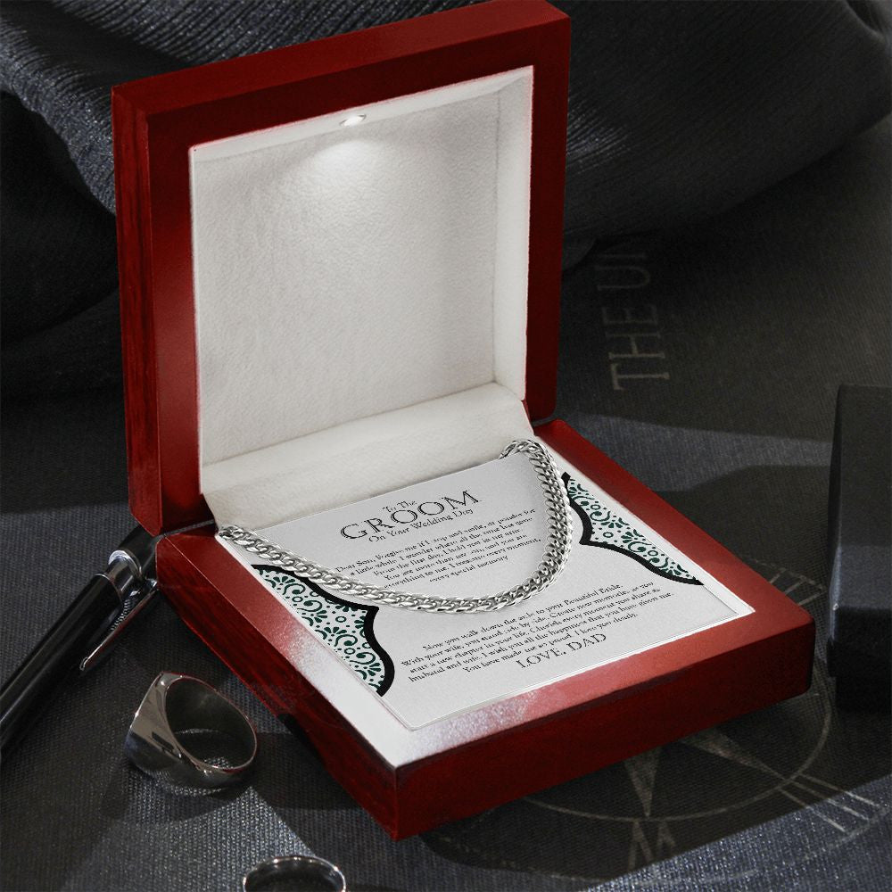 "Time Has Gone" Son Wedding Day Necklace Gift From Dad Cuban Link Chain Jewelry Box