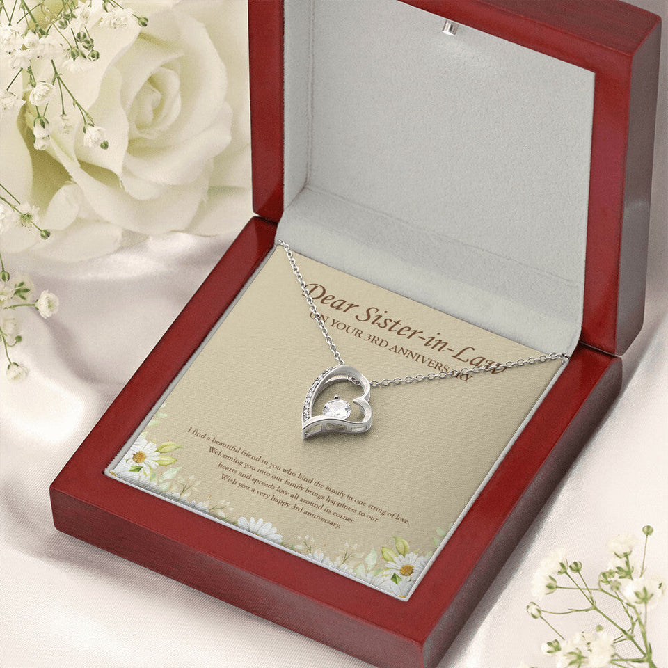 "A Beautiful Friend" Sister In Law 3rd Wedding Anniversary Necklace Gift From Sister-In-Law Brother-In-Law Forever Love Pendant Jewelry Box