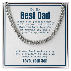 "Hard work Raising Me" Best Dad Necklace Gift From Son Cuban Link Chain Jewelry Box Fathers Day Birthday Christmas Valentines