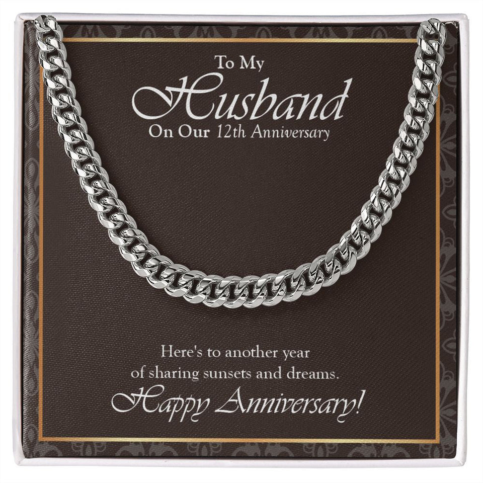 "Here's To Another Year" Husband 12th Wedding Anniversary Necklace Gift From Wife Cuban Link Chain Jewelry Box