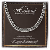 "Here's To Another Year" Husband 12th Wedding Anniversary Necklace Gift From Wife Cuban Link Chain Jewelry Box