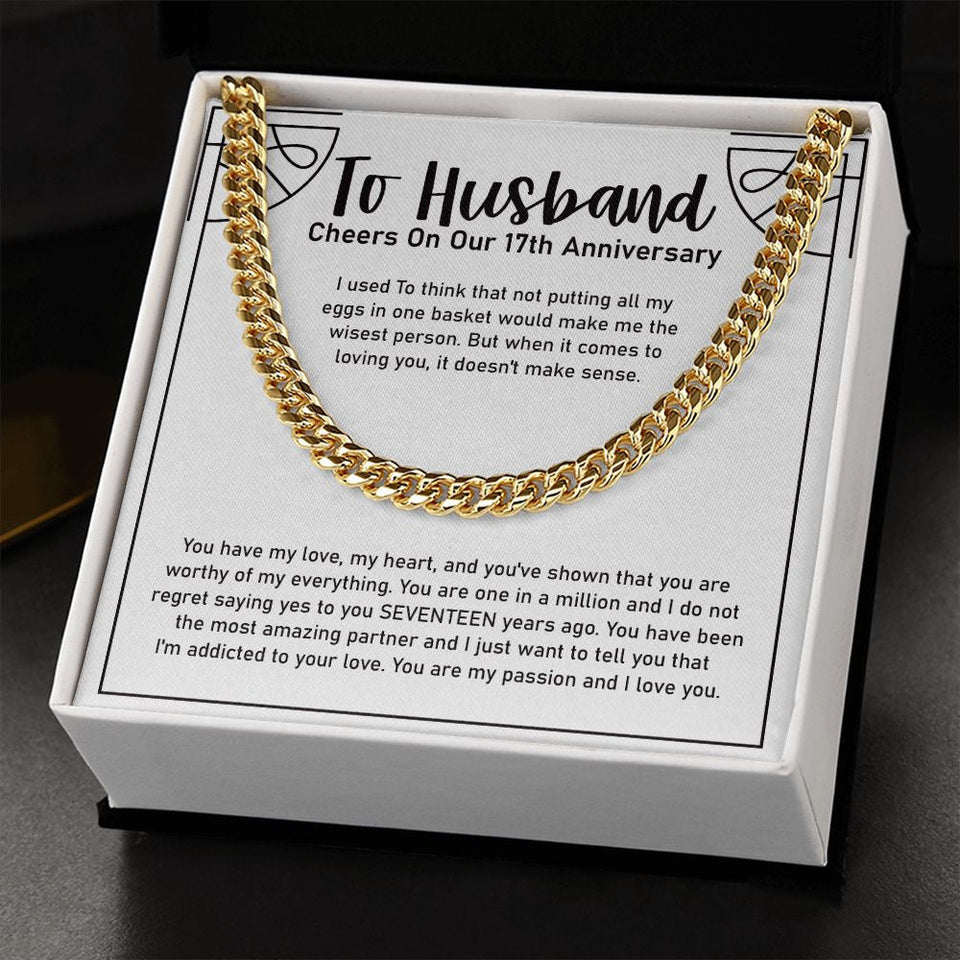 "Eggs In One Basket" Husband 16th Wedding Anniversary Necklace Gift From Wife Cuban Link Chain Jewelry Box