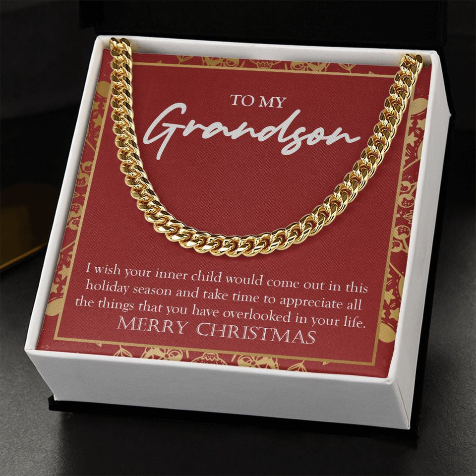 "Inner Child Would Come Out" Grandson Christmas Necklace Gift From Grandma Grandpa Cuban Link Chain Jewelry Box