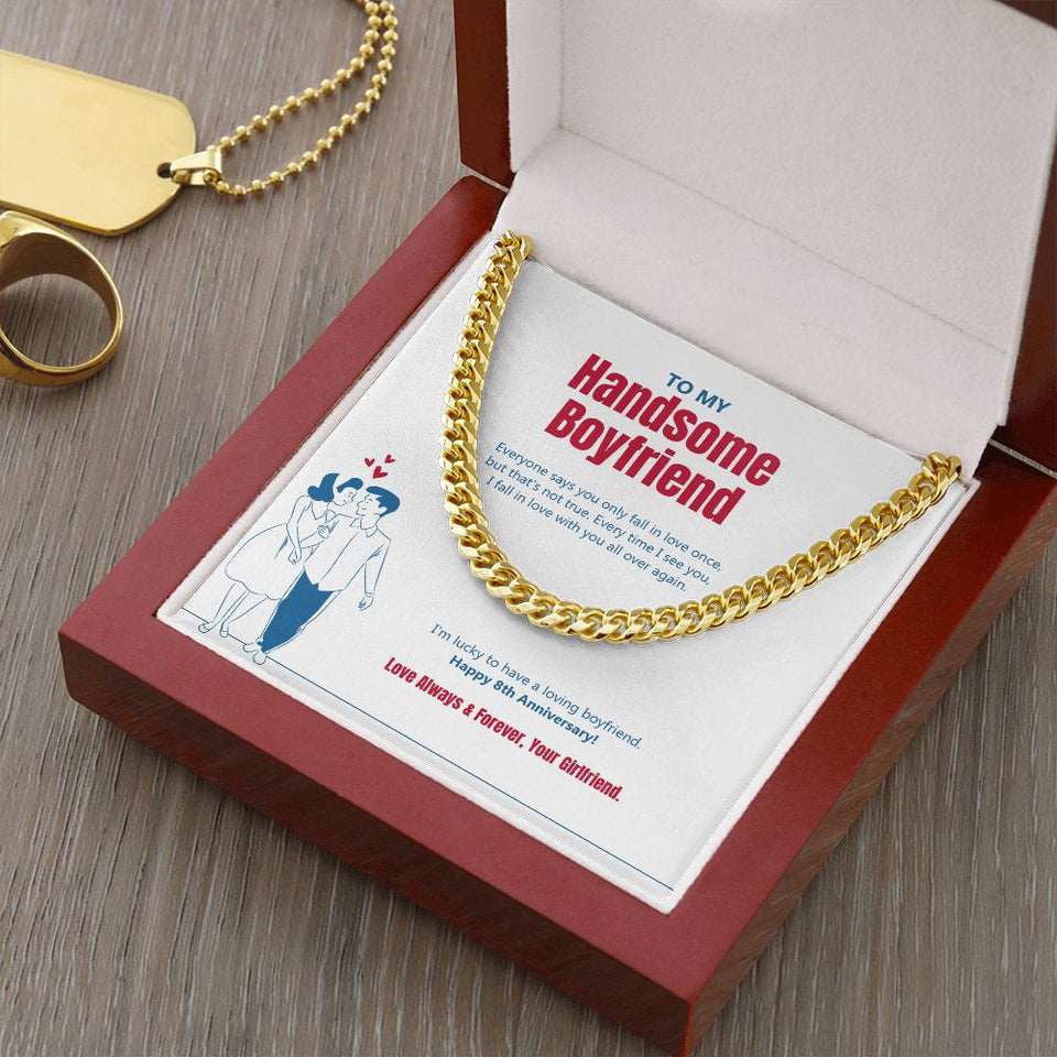 "Fall In Love Once" Handsome Boyfriend 8th Anniversary Necklace Gift From Girlfriend Cuban Link Chain Jewelry Box