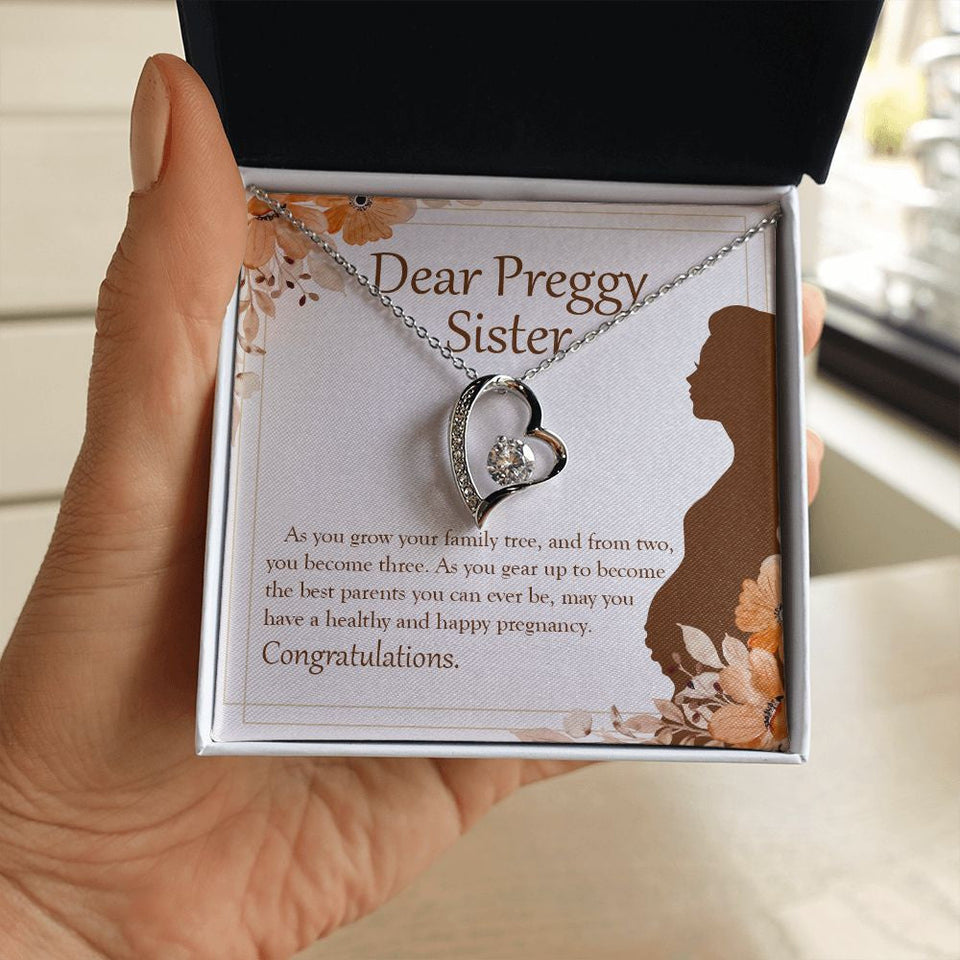 "A Family Of Three" Preggy Sister Necklace Gift From Brother Sibling Forever Love Pendant Jewelry Box Pregnancy Reveal Baby Shower Birth Announcement
