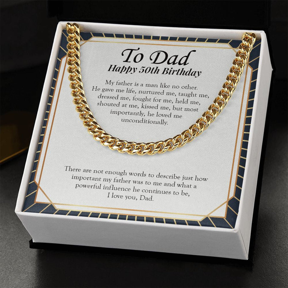 "A Powerful Influence" Dad 50th Birthday Necklace Gift From Daughter Son Cuban Link Chain Jewelry Box