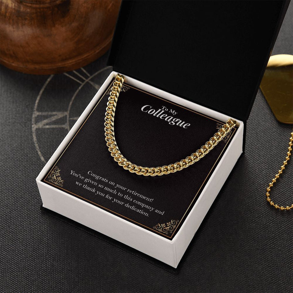 "Thank You For Your Dedication" Colleague Retirement Necklace Gift From Co-worker Cuban Link Chain Jewelry Box