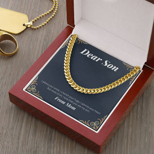 "Adored And Cherished" Son Necklace Gift From Mom Cuban Link Chain Jewelry Box Birthday Graduation Christmas Thanksgiving