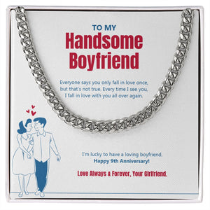 "Fall In Love Again" Handsome Boyfriend 9th Anniversary Necklace Gift From Girlfriend Cuban Link Chain Jewelry Box