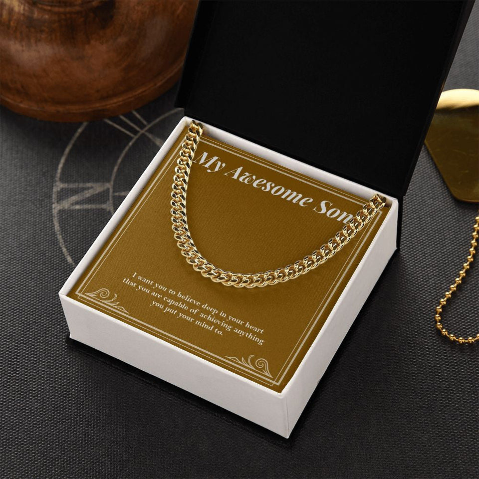 "Deep In His Heart" Awesome Son Necklace Gift From Mom Dad Cuban Link Chain Jewelry Box Birthday Graduation Christmas Thanksgiving