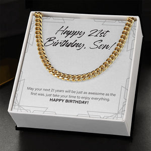 "Time To Enjoy Everything" Son 21st Birthday Necklace Gift From Mom Dad Cuban Link Chain Jewelry Box