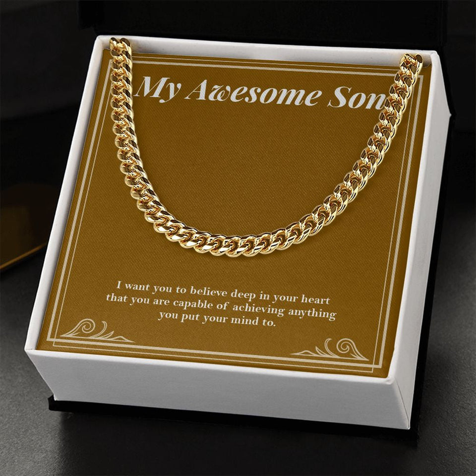 "Deep In His Heart" Awesome Son Necklace Gift From Mom Dad Cuban Link Chain Jewelry Box Birthday Graduation Christmas Thanksgiving