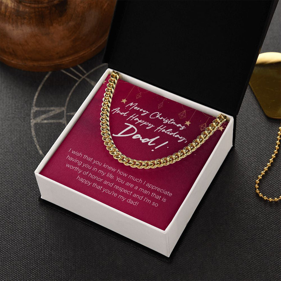 "Man Worthy Of Honor And Respect" Dad Christmas Necklace Gift From Daughter Son Cuban Link Chain Jewelry Box