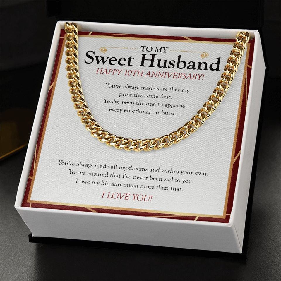 "I Owe My Life To You" Sweet Husband 10th Wedding Anniversary Necklace Gift From Wife Cuban Link Chain Jewelry Box