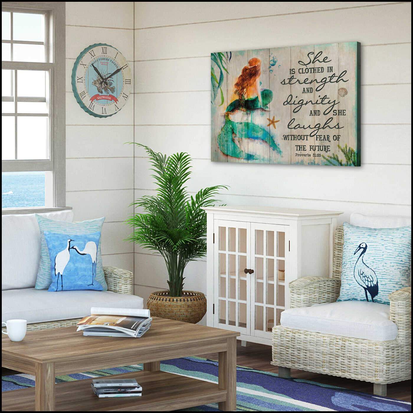 She Is Clothed In Strength and Dignity Mermaid Beach Canvas And Poster, Canvas Painting, Wall Decor Visual Art