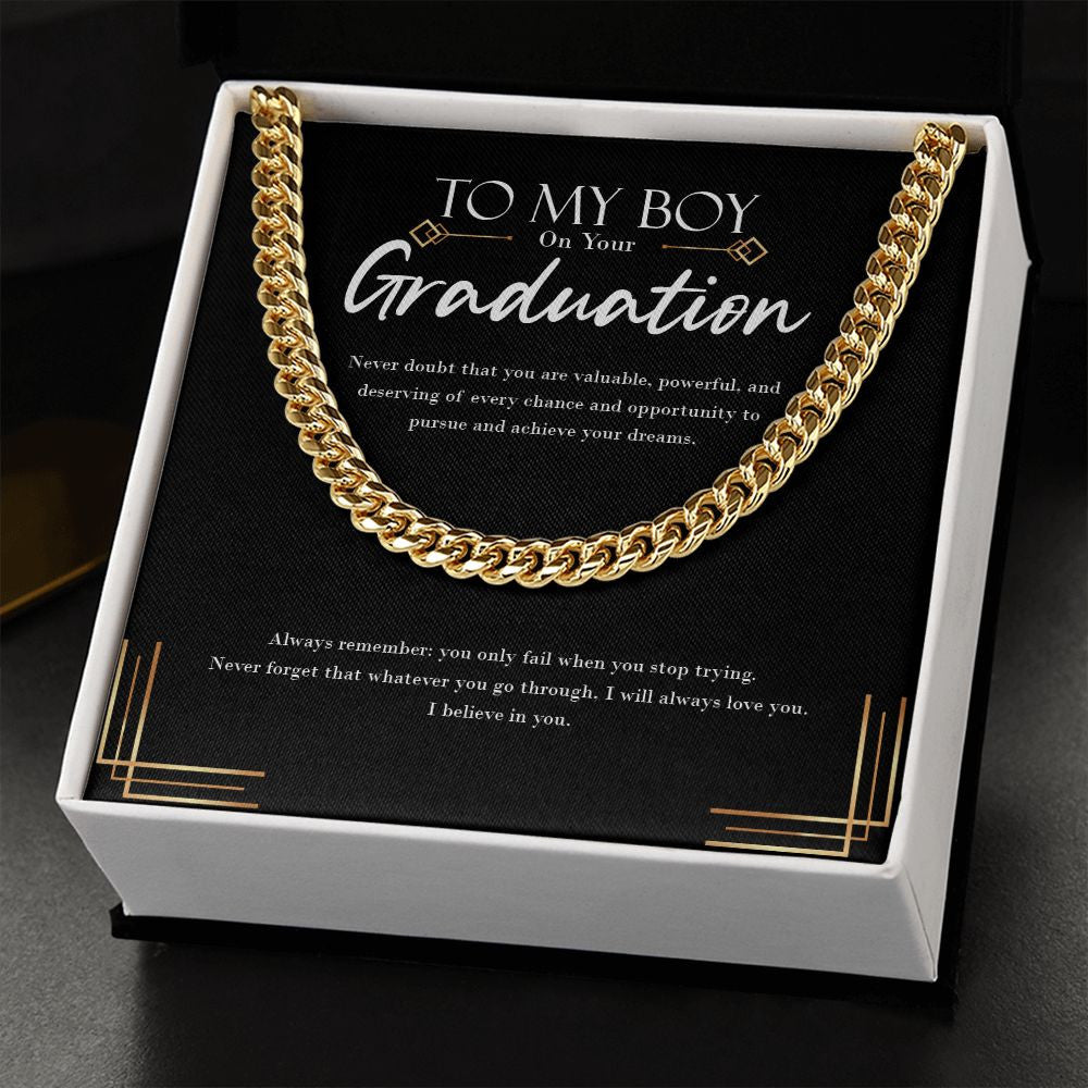 "When You Stop Trying" Son Graduation Necklace Gift From Dad Mom Cuban Link Chain Jewelry Box