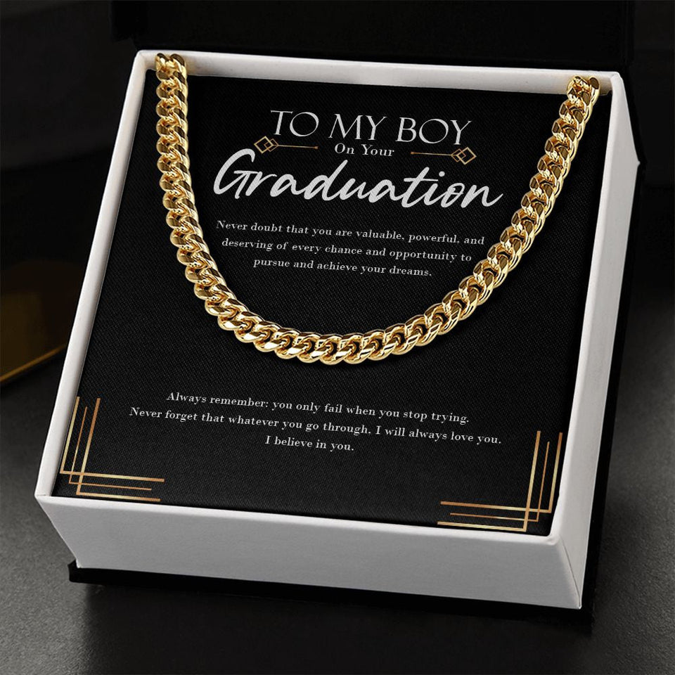 "When You Stop Trying" Son Graduation Necklace Gift From Dad Mom Cuban Link Chain Jewelry Box