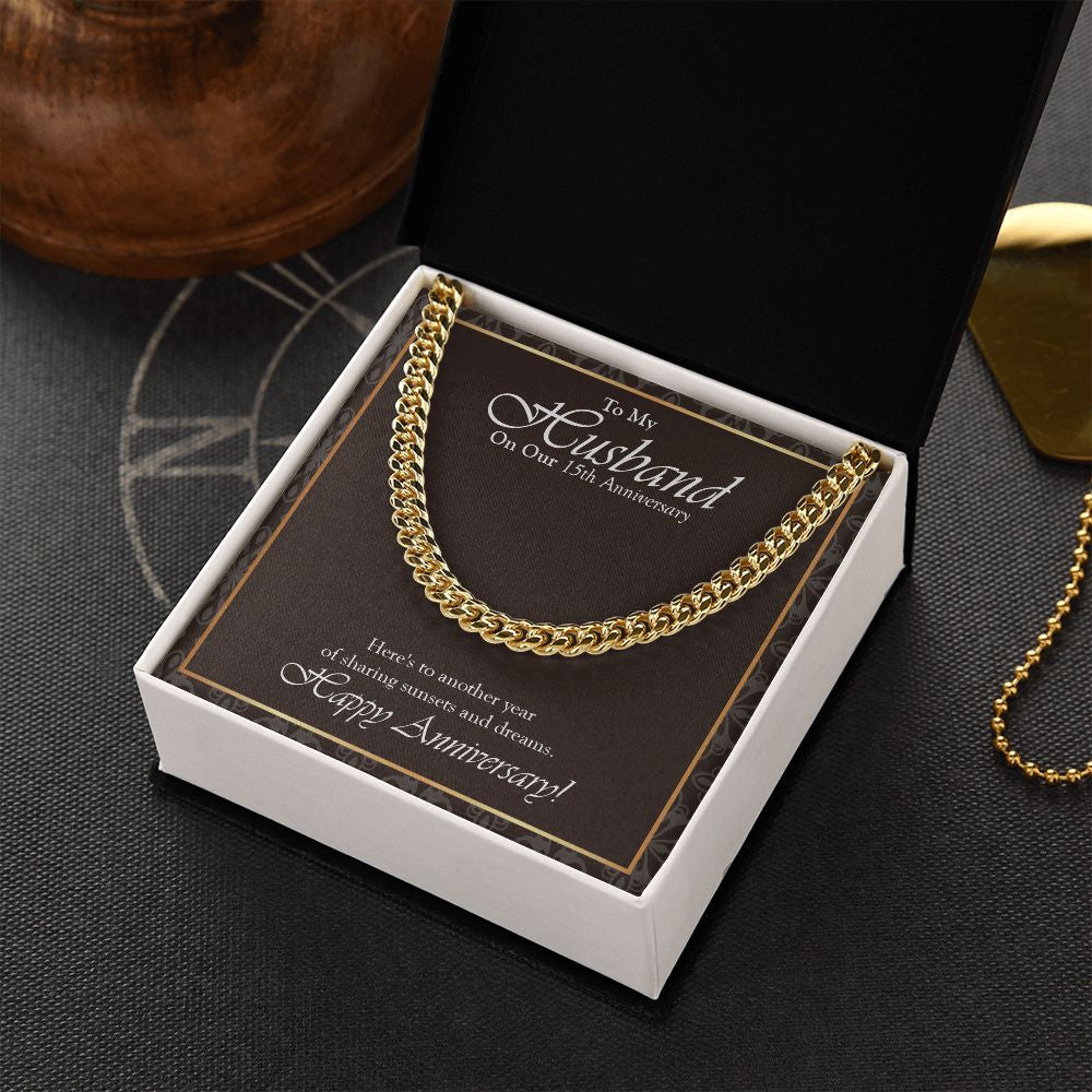 "Sunsets And Dreams" Husband 15th Wedding Anniversary Necklace Gift From Wife Cuban Link Chain Jewelry Box