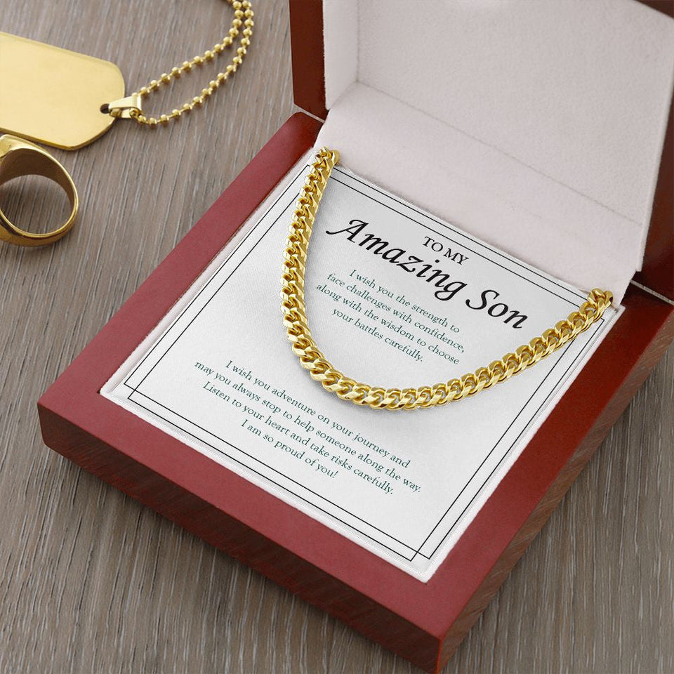 "Face Challenges With Confidence" Amazing Son Necklace Gift From Mom Dad Cuban Link Chain Jewelry Box Birthday Graduation Christmas New Year