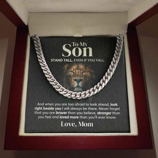 To My Son Necklace Gift Lion Necklace Gift Stand Tall, Even If You Fall Cuban Link Chain Necklace LX015C