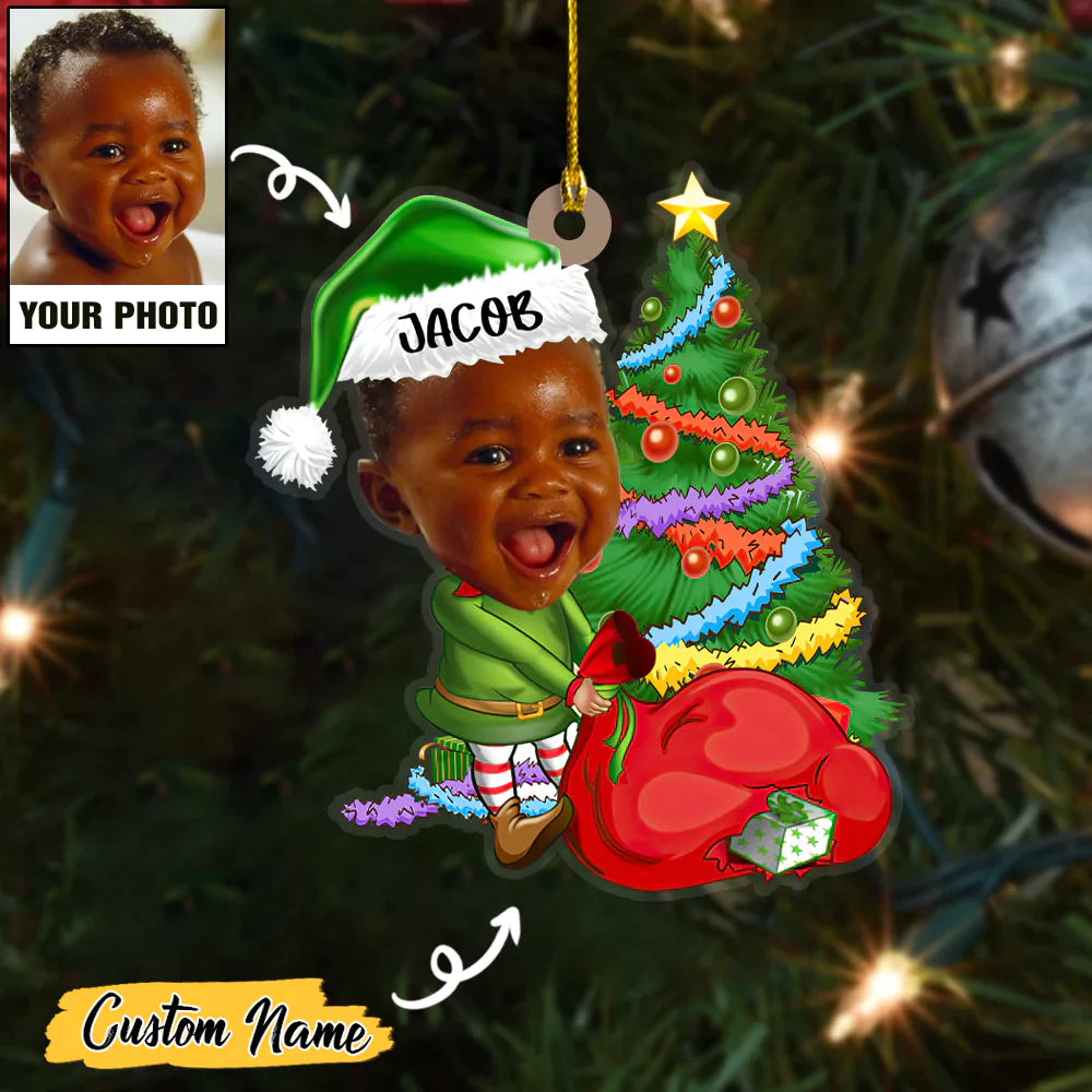 Baby Elf And Christmas Tree Custom Photo With Name Ornament CTH01