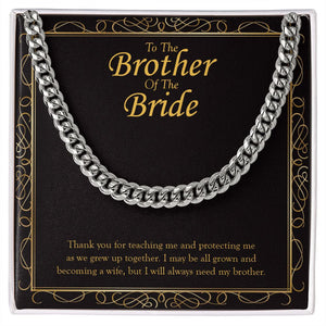 "Protecting Me" Brother of the Bride Wedding Day Necklace Gift From Sister Cuban Link Chain Jewelry Box