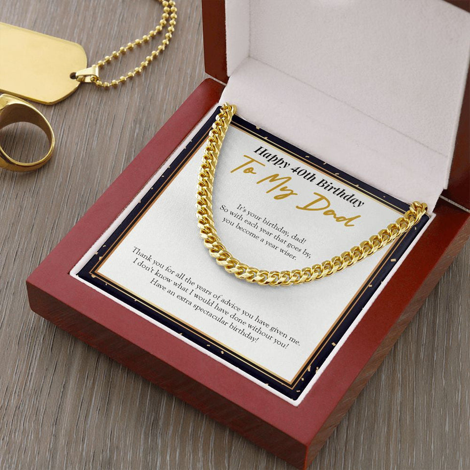 "A Year Wiser" Dad 40th Birthday Necklace Gift From Daughter Son Cuban Link Chain Jewelry Box