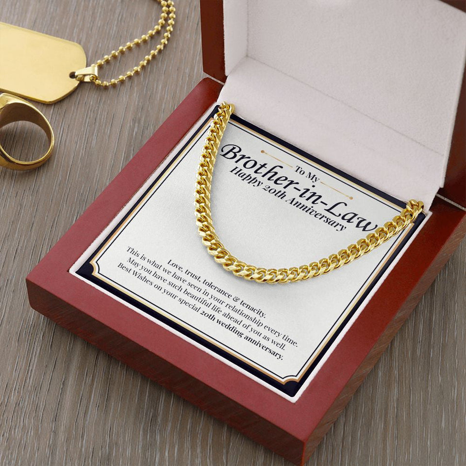 "Love, Trust, Tolerance" Brother In Law 20th Wedding Anniversary Necklace Gift From Sister-In-Law Brother-In-Law Cuban Link Chain Jewelry Box