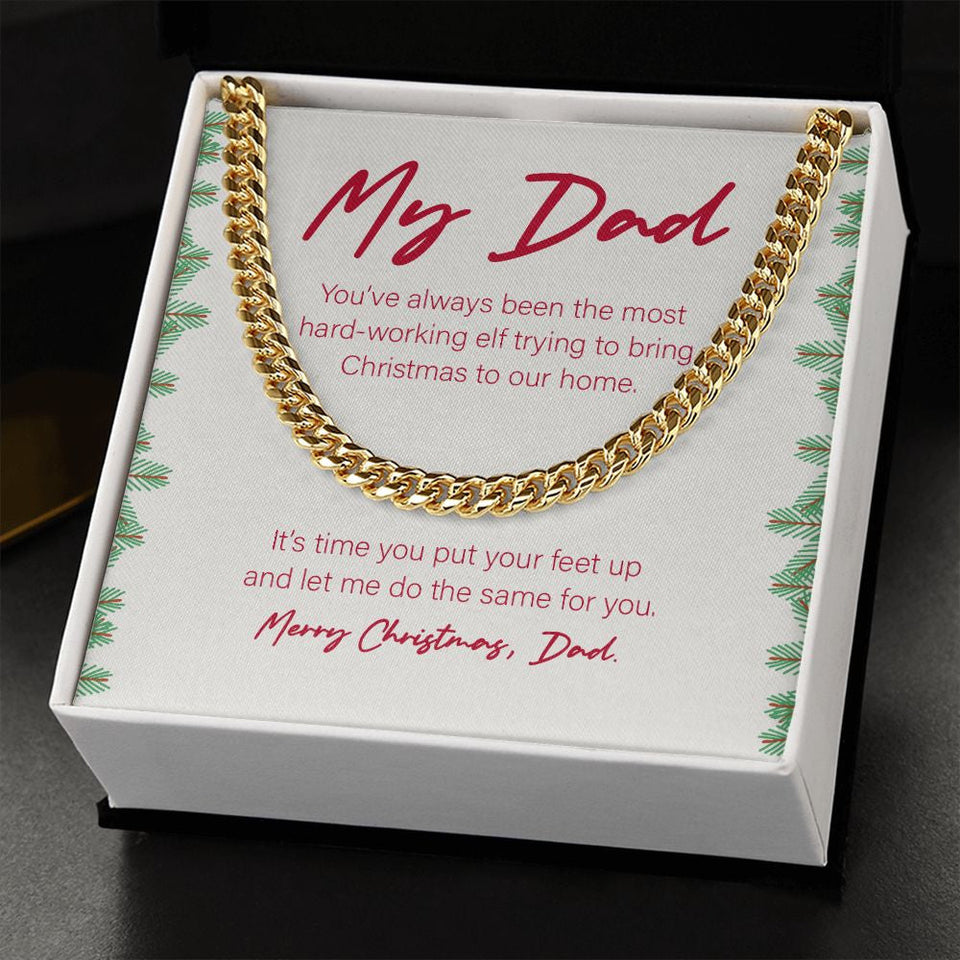 "The Most Hard-Working Elf" Dad Christmas Necklace Gift From Daughter Son Cuban Link Chain Jewelry Box