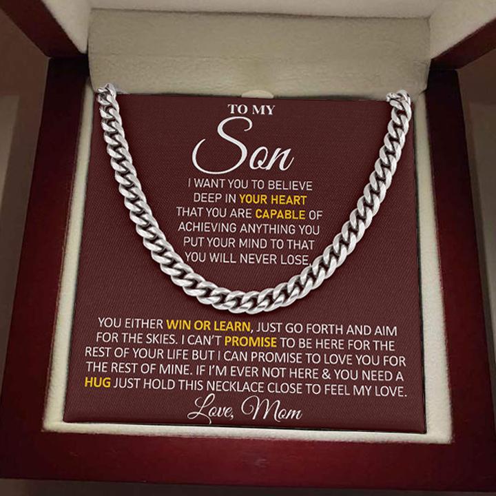 To My Son Necklace Gift From Mom You either Win or Learn, Just go forth and aim for the skies - Love, Mom Cuban Link Chain Necklace LX006E