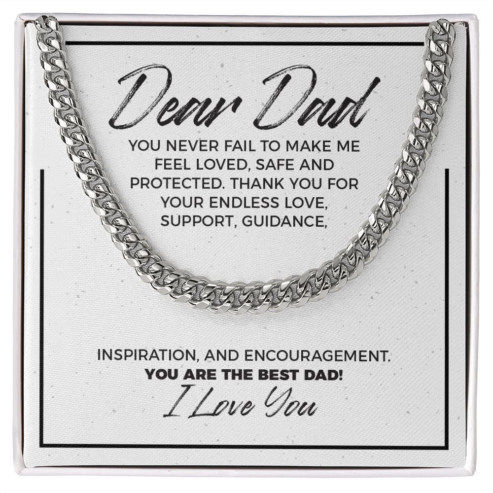 "Feel Loved Safe" Dad Necklace Gift From Daughter Son Cuban Link Chain Jewelry Box Fathers Day Birthday Christmas Valentines