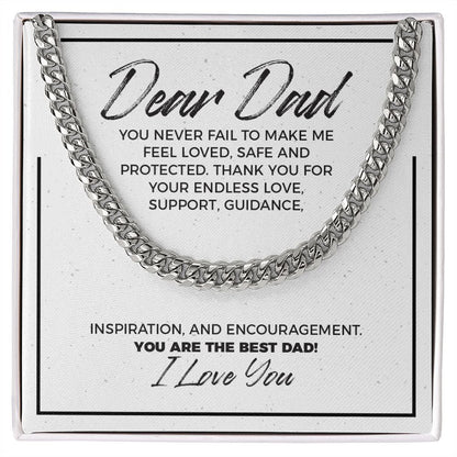 "Feel Loved Safe" Dad Necklace Gift From Daughter Son Cuban Link Chain Jewelry Box Fathers Day Birthday Christmas Valentines
