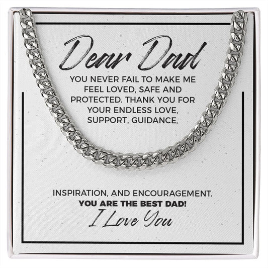"Feel Loved Safe" Dad Necklace Gift From Daughter Son Cuban Link Chain Jewelry Box Fathers Day Birthday Christmas Valentines