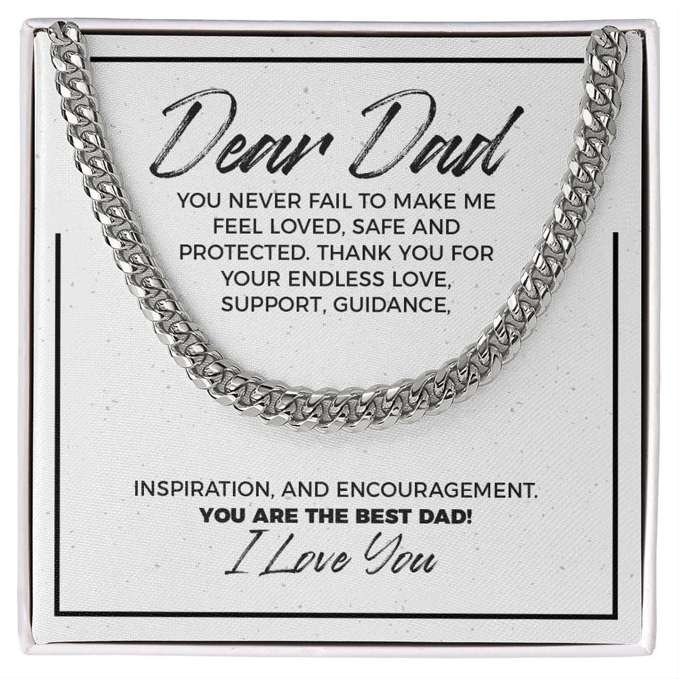 "Feel Loved Safe" Dad Necklace Gift From Daughter Son Cuban Link Chain Jewelry Box Fathers Day Birthday Christmas Valentines