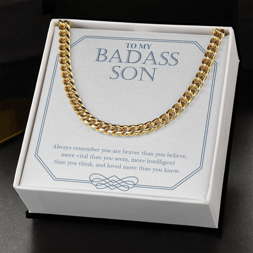 "Loved More Than You Know" Badass Son Necklace Gift From Mom Dad Cuban Link Chain Jewelry Box Birthday Christmas Graduation New Year