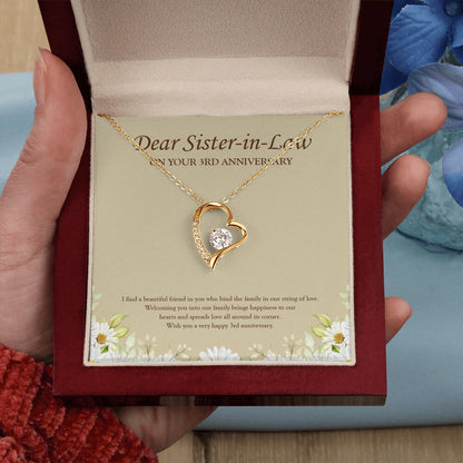 "A Beautiful Friend" Sister In Law 3rd Wedding Anniversary Necklace Gift From Sister-In-Law Brother-In-Law Forever Love Pendant Jewelry Box