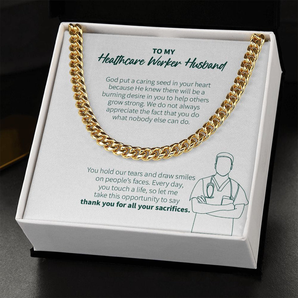 "Caring Seed In Your Heart" Healthcare Worker Husband Necklace Gift From Wife Cuban Link Chain Jewelry Box Thanksgiving Birthday Christmas