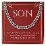 "On The Nice List" Son Christmas Necklace Gift From Mom Dad Cuban Link Chain Jewelry Box